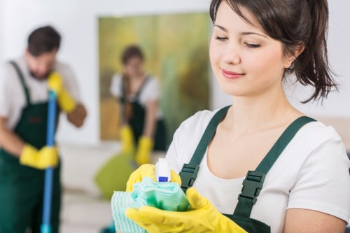 Technician wearing PPE during carpet cleaning work